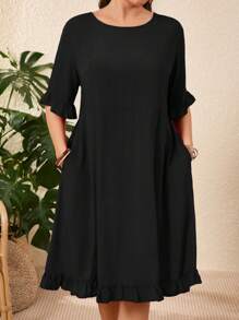 EMERY ROSE Plus Size Women Casual Solid Color Ruffled Hem Dress, Vacation Style - Black - View 1