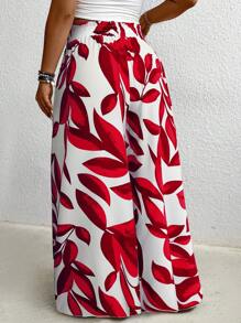 Plus Size Vacation Loose Plant Print Wide Leg Pants Fall Cloth For Women - Red - View 2