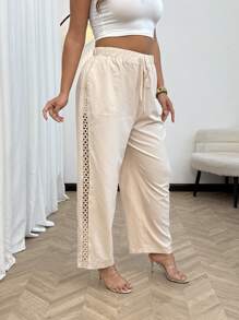 Flirla Plus Size Women Loose Casual Tie Waist Long Pants Fall Cloth For Women - Apricot - View 3