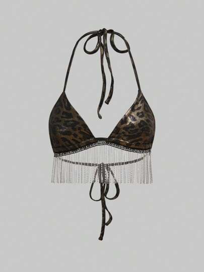 Grunge Punk Rave Festival Y2K Sexy - Leopard Print Patchwork Metal Fringe Hemline Halter Top