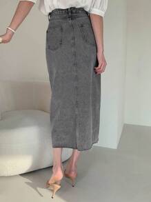 DAZY 女士休闲破洞前开衩牛仔A字裙 秋冬款 - 灰色 - 查看 2