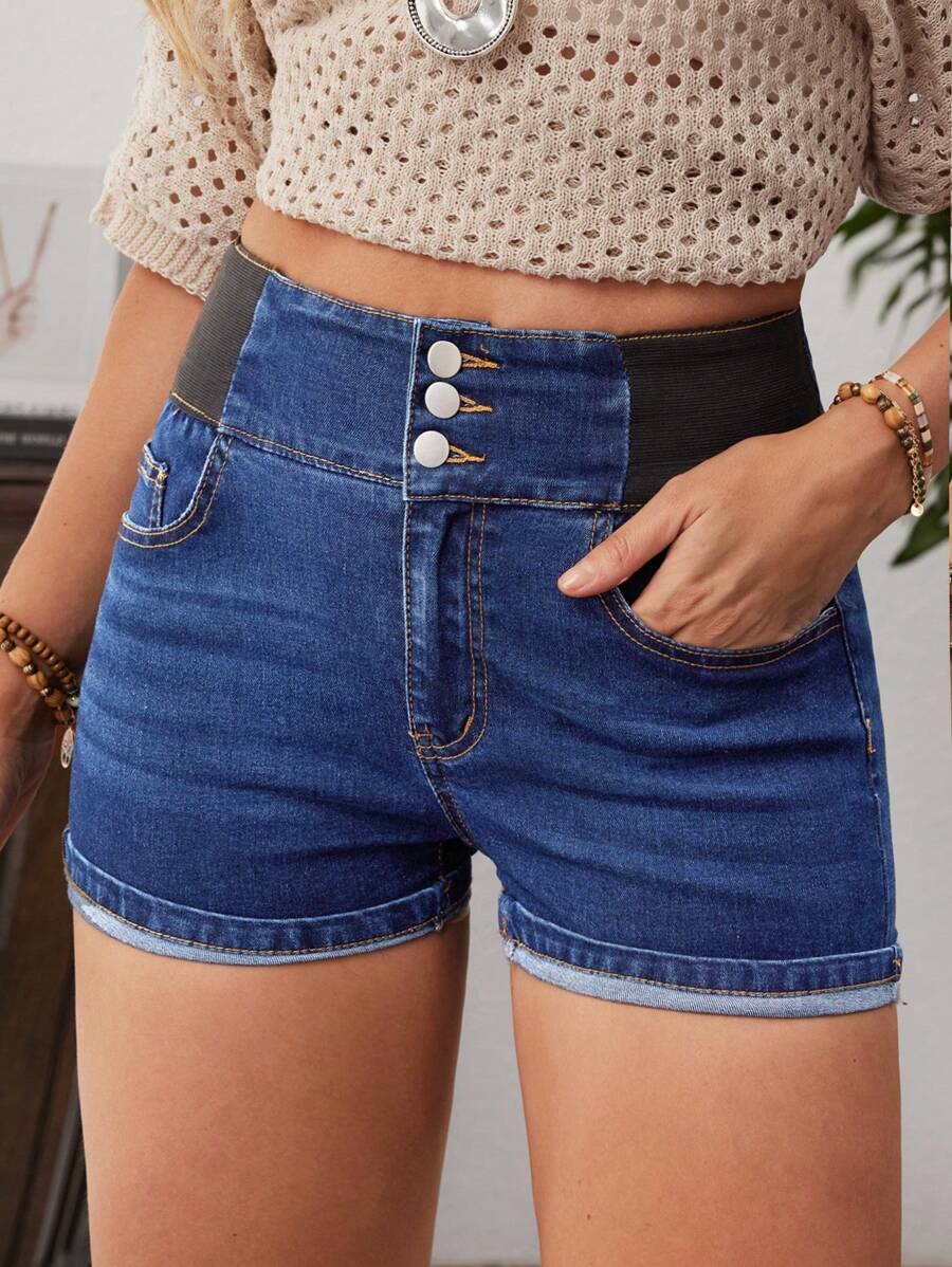 Breezaya Women's Casual Dark Wash Denim Mini Shorts With Zipper Detail And Button Closure - Dark Wash - View 1