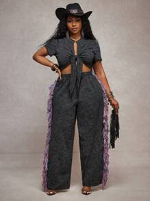 Slaydiva Conjunto de 2 piezas para mujer 2025 Nuevo, Vacaciones, Pascua, Graduación, Rave, Festival, Concierto, Fiesta de Cumpleaños, Casual Sexy: Top corto de manga corta con nudo delantero y pantalones largos holgados tipo maxi con bloques de color y flecos, Talla Grande Negro