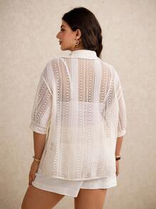 Elaquor Women Plus Size Solid Color Drop Shoulder Hollow Button Front Top - Apricot - View 6