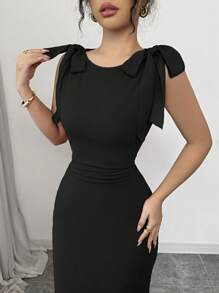 Rafferiza Elegant Bowknot Shoulder Straps Bodycon Ruched Fishtail A-Line Long Dress For Women, Red - Black - View 3