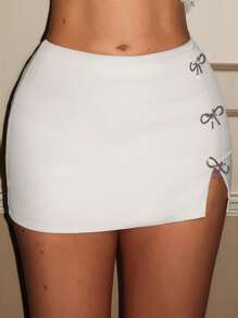 Glamine Women's Rhinestone Bow Decor Low Waist Mini Skirt - Beige - View 4