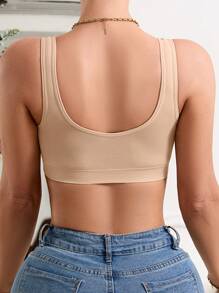 Women Solid Color Simple Seamless Front Clasp Wirelsess Wide Shoulder Strap Bra With Small Lace Trim Comfortable Daily Bra. - Apricot - View 6