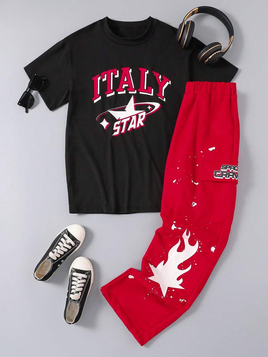 SHEIN 2pcs Teen Boys Black Print Fashion Short Sleeve T-Shirt And Khaki Print Casual Long Pants Set - Red - View 1