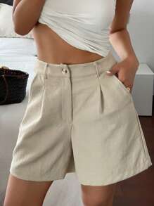 DAZY Solid Color Casual Straight Pockets Women Summer Shorts - Khaki - View 4