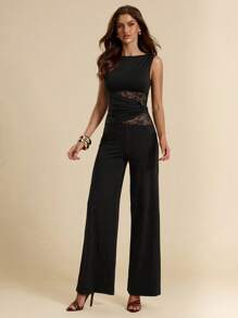 SHEIN BAE Bộ đồ liền thân ống rộng bất đối xứng ren thanh lịch dành cho nữ, đa năng cho hàng ngày, hẹn hò, đi chơi, tiệc tùng, duyên dáng - màu đen - Xem 5