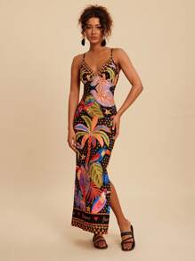 Travachic 女士度假侧开衩下摆修身热带印花吊带背心连衣裙 - 黑色 - 查看 7