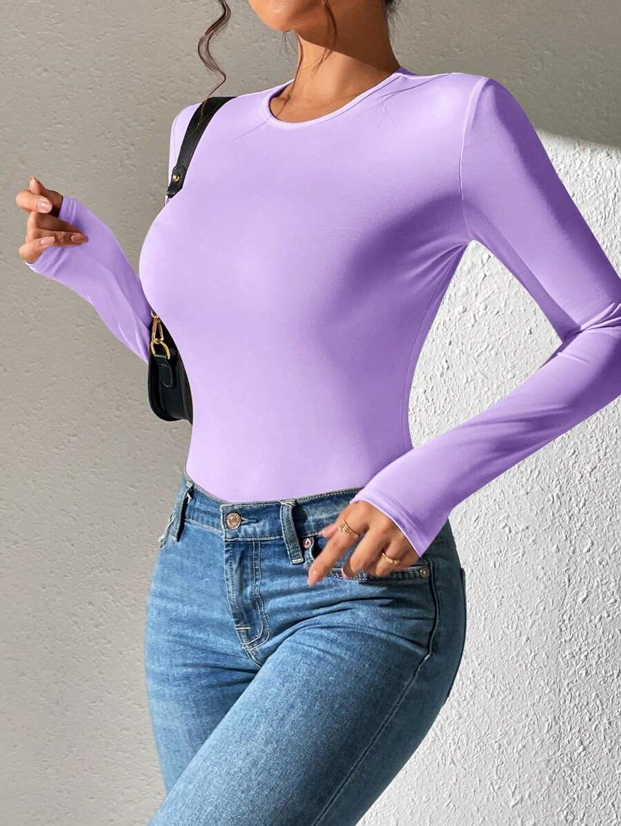 SHEIN PETITE Solid Slim Fit Spring Women Bodysuit - Violet Purple - View 1