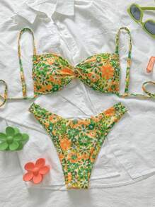 SHEIN Swim Women Ditsy Floral Tie Knot Halter High Cut Sexy Spaghetti Strap Bikini Set, Summer Beachwear