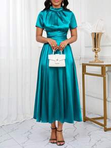 SHEIN Lady 春夏秋冬优雅端庄派对婚礼酒会音乐会/音乐节圣诞节绿色梭织缎立领梭织A字加大码连衣裙 - 水鴨藍 - 查看 5