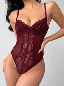 Aloruh Ladies' Elegant Sexy Lace Patchwork Bodysuit - Burgundy - View 3