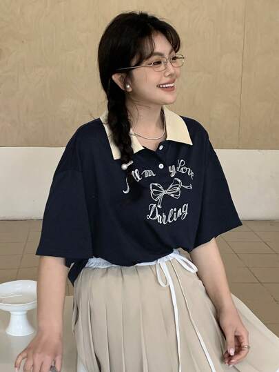 Dazy Plus 大码拼色蝴蝶结印花短袖宽松T恤、图案T恤