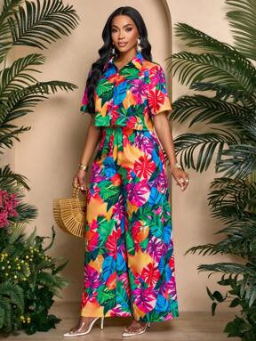 SOLERSUN Women's Tropical Print New Single-Breasted Cropped Blouse With Flared Sleeves For Vacation