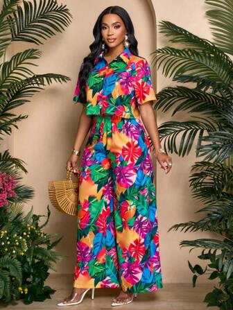 SOLERSUN Women's Tropical Print New Single-Breasted Cropped Blouse With Flared Sleeves For Vacation