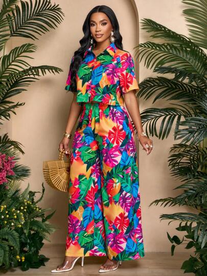 SOLERSUN Blusa de corte corto con estampado tropical y mangas acampanadas, de una sola hilera de botones, para vacaciones