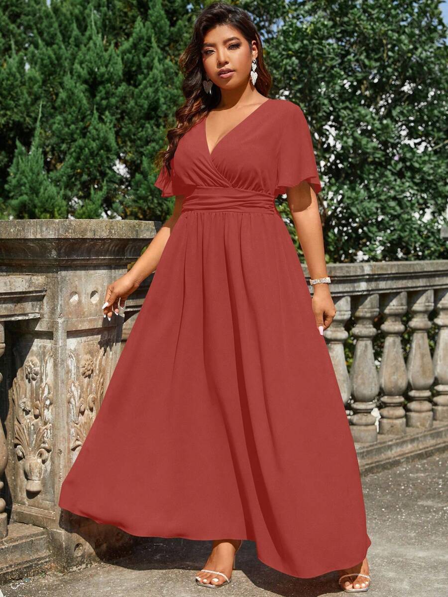 Cravure Vestido largo de unicolor estilizador de cintura, para el atuendo de mujeres de talla grande para Navidad - Color caoba - Ver 1