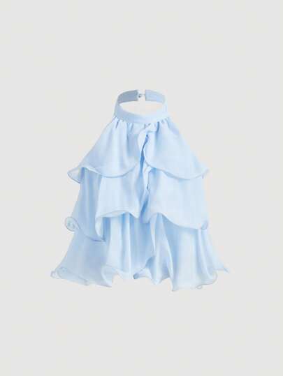 SHEIN MOD Blå flerskiktad volangtopp, söta toppar, elegant form, rygglös topp, nyårstopp, festtoppar kvinnor, kvinnors casual minimalistiska blus med knappar framtill och breda axelband för vardagsbruk, vintage, damkläder, alla hjärtans dag-look, rave-topp