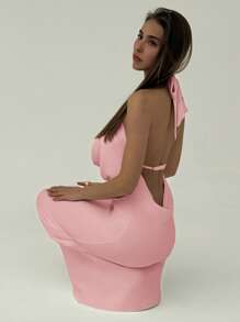Aloruh Romantic Date, Spring/Summer Vacation Halter Hollow Out Shell Decor Bodycon Backless Dress For Ladies - Pink - View 7