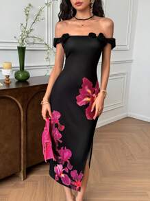 EastFlair Women's Floral Print Off Shoulder Fitted Midi Dress With 3D Flower Decor, Suitable For Vacation - Black - View 5