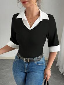 Elenzga 大码拼色拼接休闲商务女式 Polo 衫短袖 T 恤