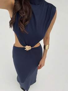 Aloruh Đầm siêu dài khoét lỗ trang trí kim loại thời trang nữ, mùa hè - Màu xanh lam - Xem 4