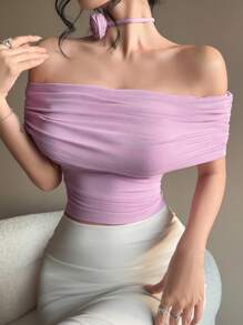 DAZY Women Solid Color V-Neck Off Shoulder Short Sleeve T-Shirt With 3D Flower Decor, Spring/Summer - Mauve Purple - View 3