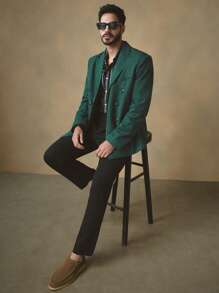 Manfinity NXTstreet Men's Casual Woven Double-Breasted Padded Blazer, Suitable For Daily Wear, For Fall Winter - Green - View 6