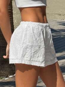 SHEIN EZwear 女士休闲纯色刺绣抽绳腰短裤 - 白色 - 查看 5
