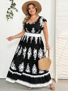SHEIN CURVE+ Vestido casual de vacaciones con cuello en V, volantes, mangas tapón, cintura con cordón y dobladillo con volantes en forma de A, para mujer talla grande. Atuendo para la playa/Vestido de playa/Atuendos de vacaciones en la playa/Esenciales de playa/Graduación/Vestido para té
