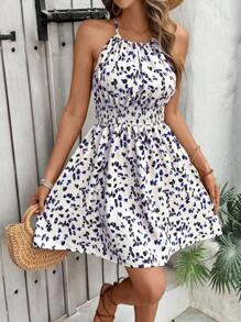 Breezaya 夏季休闲度假全印花收腰连衣裙 - 藏蓝色 - 查看 3