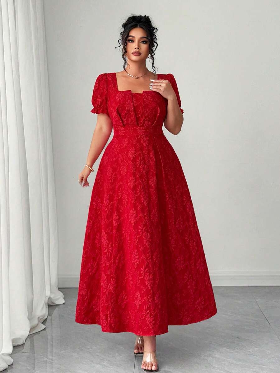 Elenzga Plus Size Women Elegant Vintage Floral Jacquard Square Neck Cinched Waist Dress, Suitable For Summer, Back To School, Graduation, Festivals, Valentine's Day, Mother's Day, Christmas, Halloween, Thanksgiving, Easter, National Day, Balls, Dates, Parties, Outings - Red - View 1