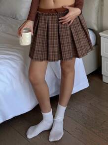 SHEIN 少女复古格子低腰迷你女学生短裙 - 棕色 - 查看 3