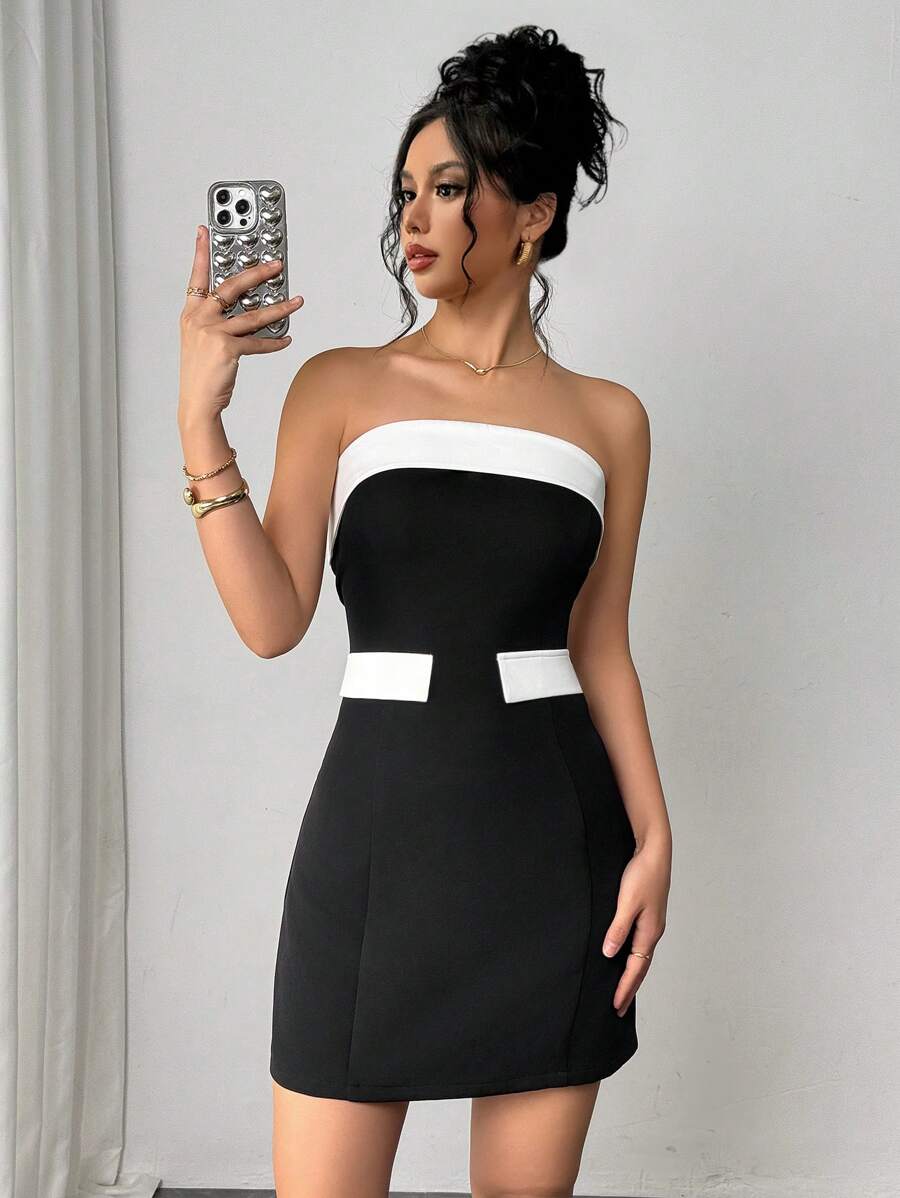 Firerie 女士优雅浪漫时尚通勤性感优雅风格连衣裙，适合派对、度假、返校、浪漫约会和婚礼、生日、迷你连衣裙 - 黑與白 - 查看 1