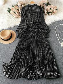 DreamSkyne Court Retro  Plus Size Women's Polka Dot Print Long Sleeve Ruffle Hem Elegant Dress, Autumn For New Year Clothes Maxi Women Outfit Fall Cloth For Women