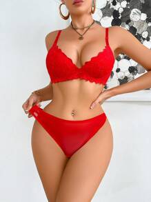 2pcs Women Lace Bra And Panty Set (With Underwire, Triangle Panty) Bridallingerie - Red - View 5