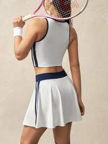 VARSITIE 女士夏季字母印花短款背心和迷你裙运动套装 - 白色 - 查看 4