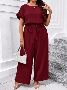 SHEIN Clasi Plus Size Elegant Scoop Neck Romper With Waist Belt And Wide Leg Plus Size Christmas Burgundy - Burgundy - View 1