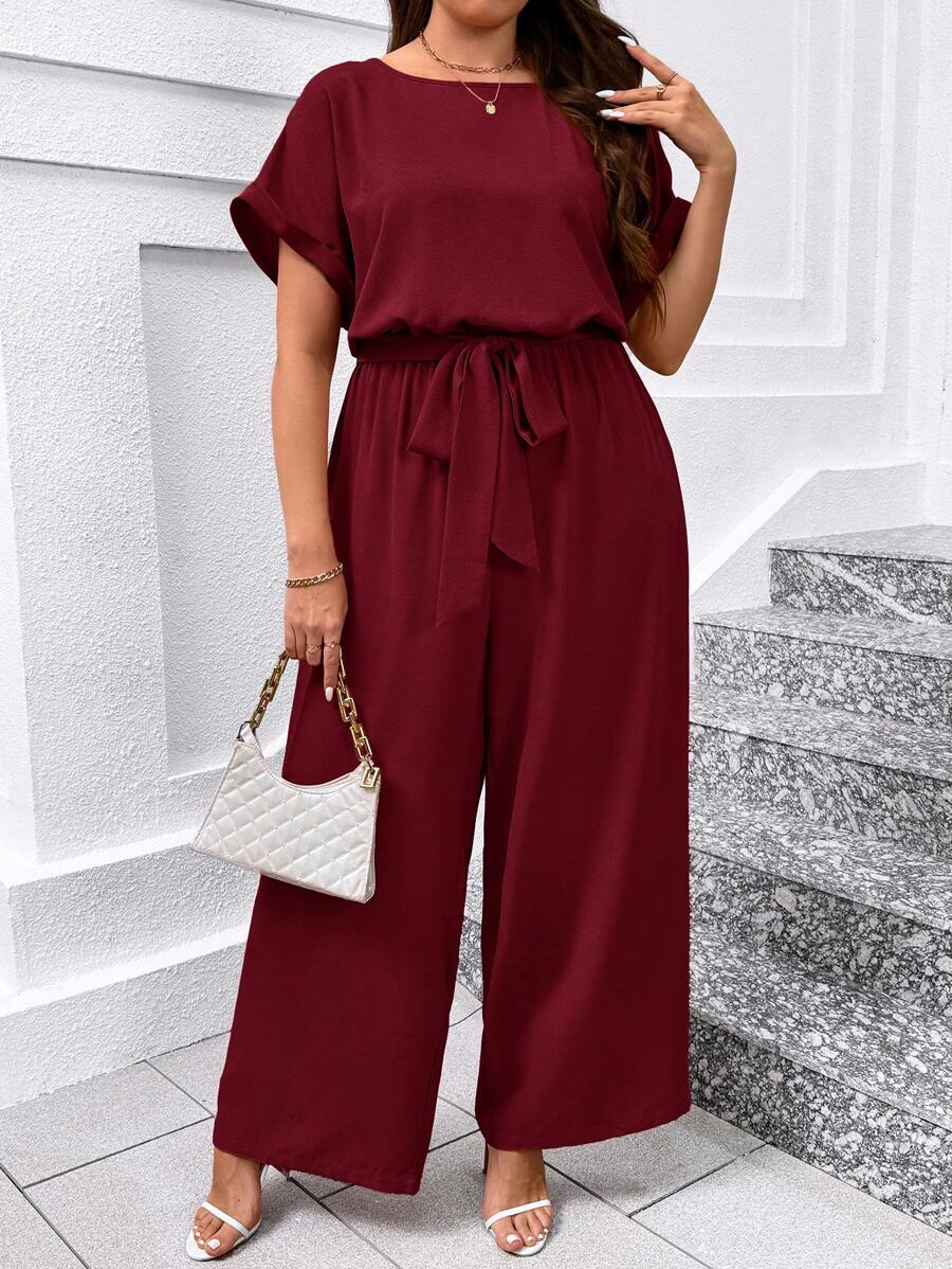 SHEIN Clasi Plus Size Elegant Scoop Neck Romper With Waist Belt And Wide Leg Plus Size Christmas Burgundy - Burgundy - View 1