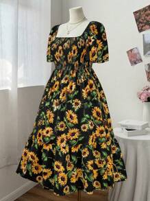Flirla Váy xòe họa tiết hoa hướng dương cỡ lớn cho nữ, thanh lịch khi đi nghỉ dưỡng, đi nghỉ, đi biển, mùa xuân/hè - màu đen - Xem 4
