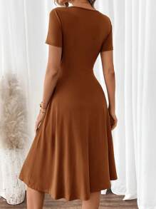 SHEIN Clasi 女士优雅 V 领短袖绿色 A 字连衣裙 - 鏽棕色 - 查看 2