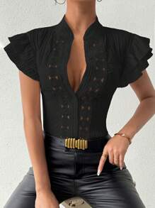 Chiquease 女式花卉拼布立领短袖纽扣衬衫