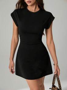 SHEIN Tall Casual Plain Knitted Round Neck Short-Sleeved Side Drawstring Women's Mini Dress, Basic Summer Wear,Business Casual Woman,Summer Dresses For Women - Black - View 3