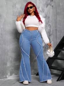 SHEIN SXY Plus Size Women's High Waist Stretch Frayed Hem Flare Jeans - Light Wash - View 7