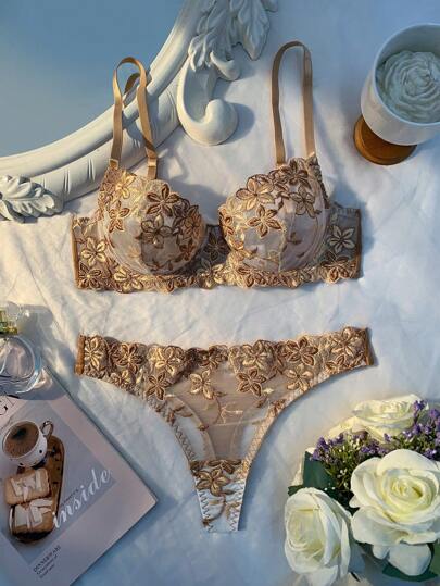 Roze Romantic Wire BH Pantie Lingerie Set Women view 5