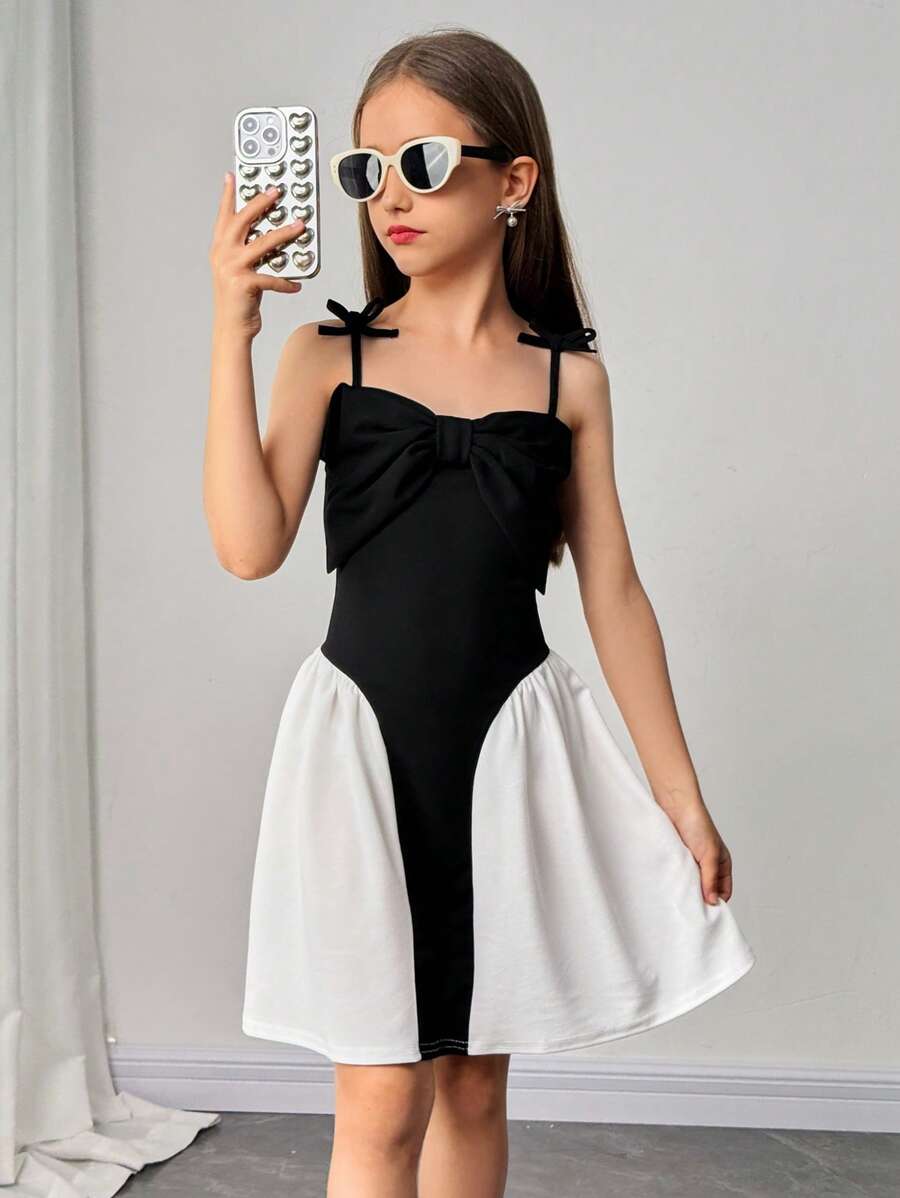 SHEIN Leap Crew Tween Girls' Fashionable Elegant Classic Black Spaghetti Strap Bow Decor Contrast Color Skirt Hem Party Dress - Black and White - View 1