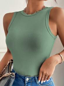 SHEIN VCAY Plus Size Solid Ribbed Tight Fitted Tank Top, For Summer - Mint Green - View 4